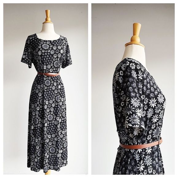 Vintage Dresses & Skirts - 90's VINTAGE | Black Floral Dress | Best fit L